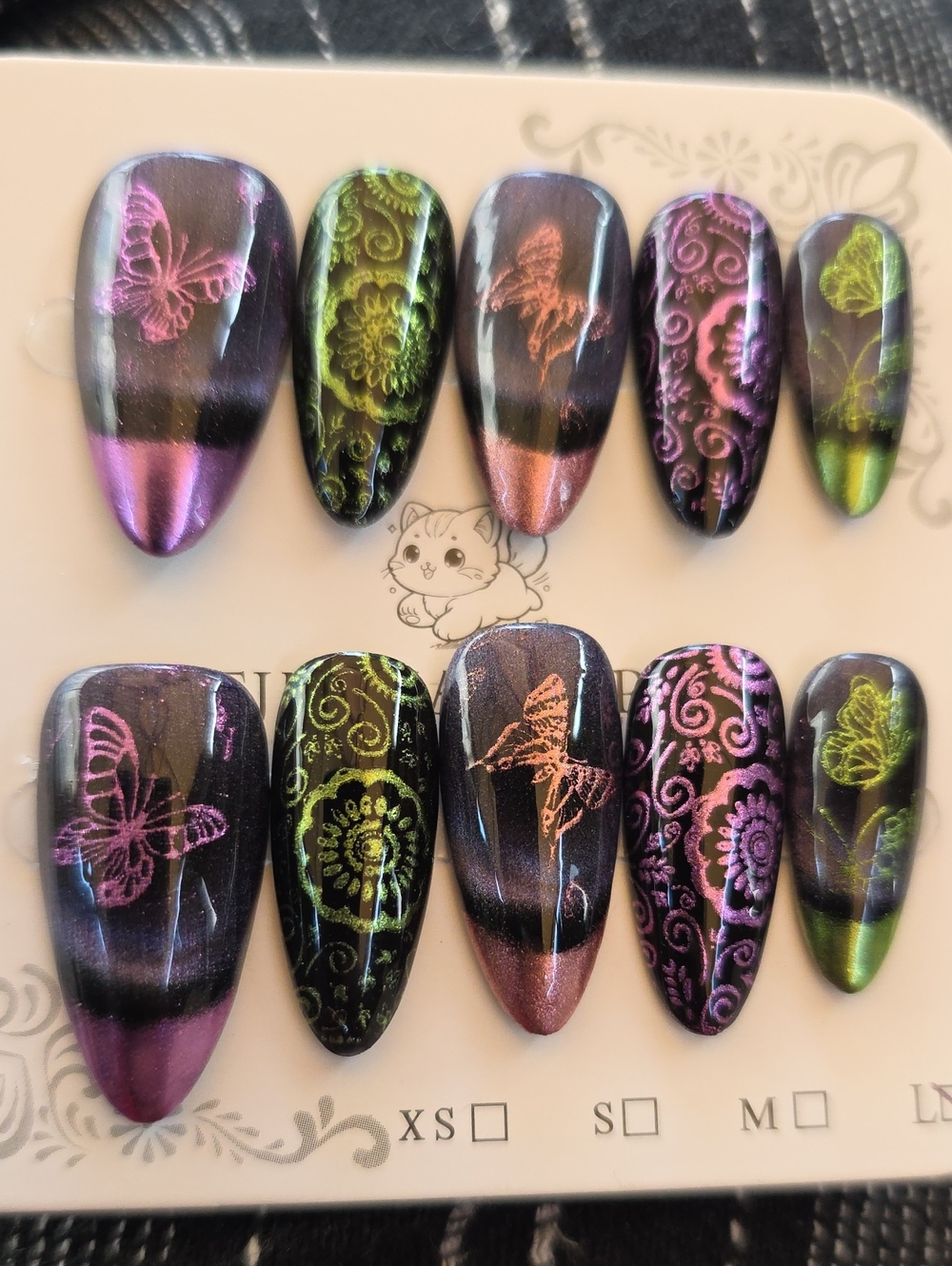 Multichrome Butterfly & Floral Press-On Nails in Purple & Green Size Large